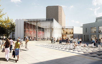 Design rendering of the Annenberg Center plaza during the daytime